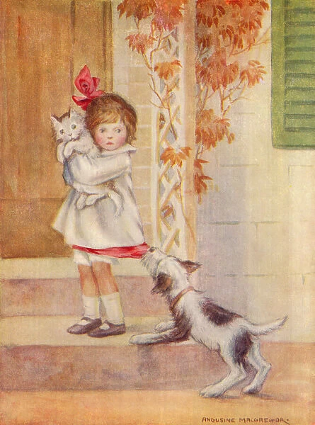 Defiant girl. A defiant young girl on her doorstep being attacked by a puppy
