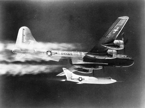 A Douglas D-558-2 Skyrocket is launched from its Boeing B-29