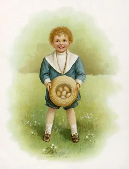 Framed Print : Easter-themed Print of a Boy Holding Eggs in His Hat Framed Print : Easter-themed Print of a Boy Holding Eggs in His Hat