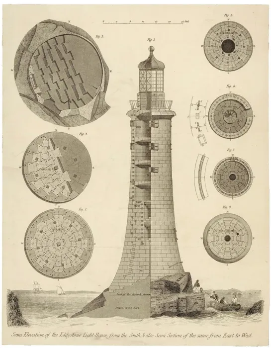 Framed Print : Eddystone Lighthouse Print: Semi-elevation and Section