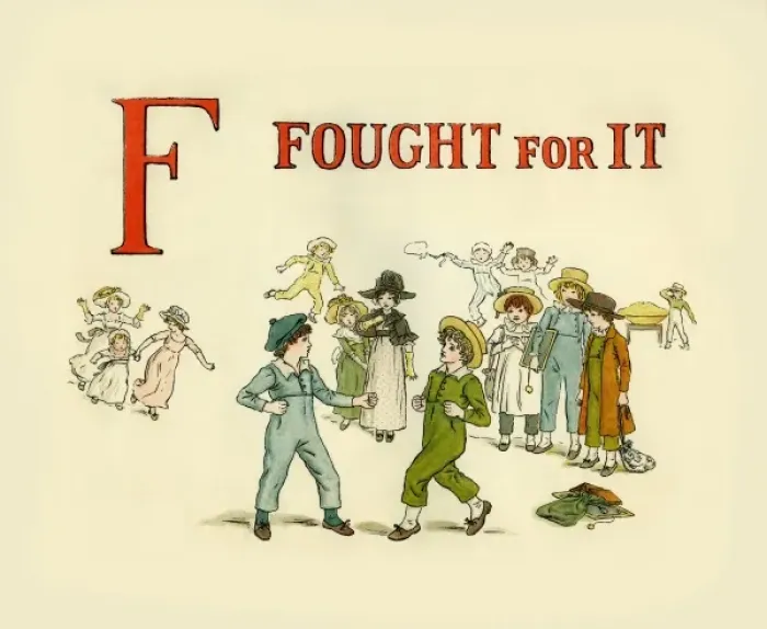 Framed Print : Kate Greenaway's F Fought for it From A Apple Pie Print (1886) Framed Print : Kate Greenaway's F Fought for it From A Apple Pie Print (1886)