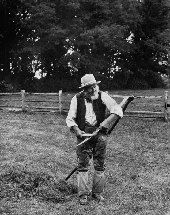 Framed Print : Farming Print: A Mower Sharpens his Blade