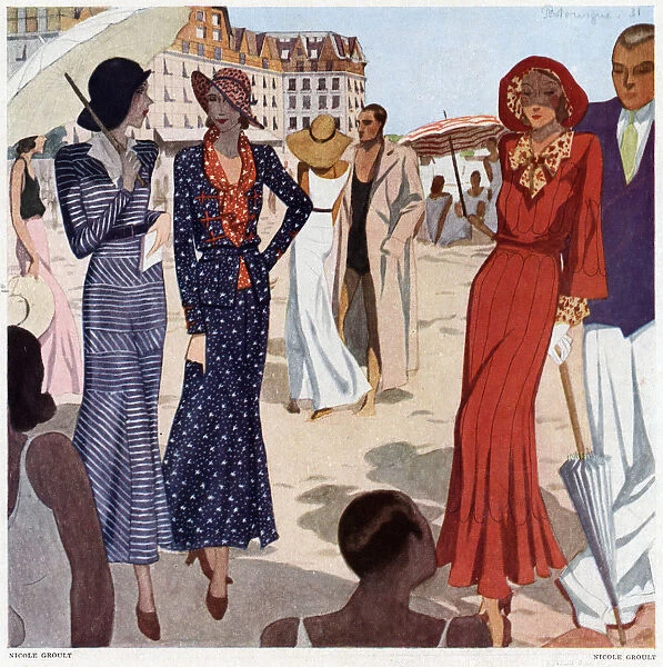 Fashion: women strolling on the beach, France, 1931