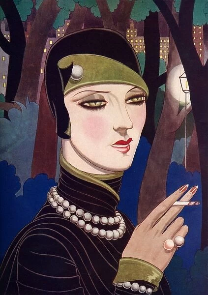 A fashionable woman wearing pearls and smoking