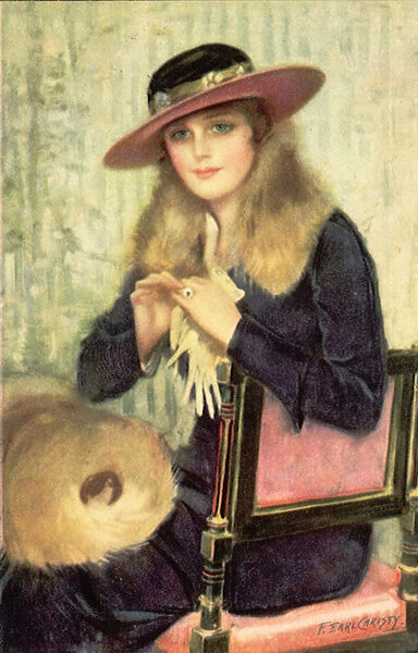 Fashionably dressed lady in hat sits waiting in a chair Date: 1910