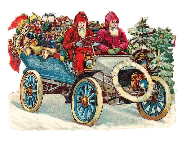 Father Christmas in a car on a Victorian scrap