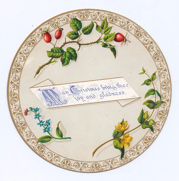 Flowers and fruit on a circular Christmas card