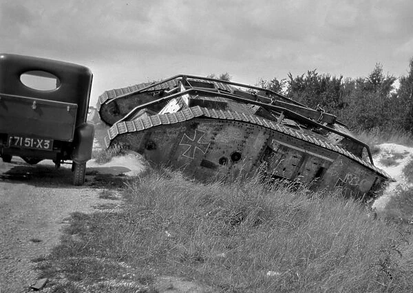 German tank at the side of a road, WWI