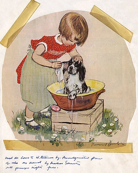 Girl bathing dog by Muriel Dawson