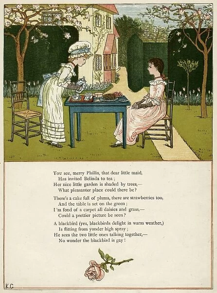 Two girls taking tea on the lawn
