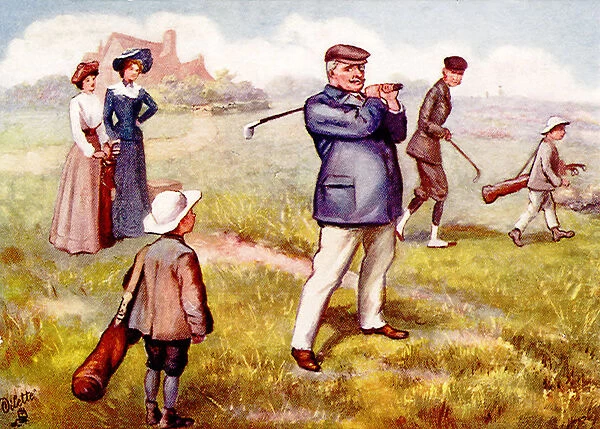 Golf caddie inadvertantly pokes fun at man golfing Date: 1910