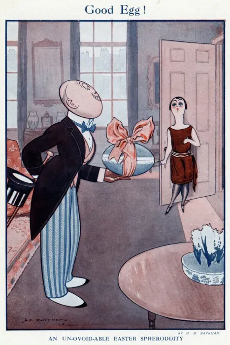 Framed Print : 1923 Easter print by H. M. Bateman, 'Good Egg' in a humorous egg shape Framed Print : 1923 Easter print by H. M. Bateman, 'Good Egg' in a humorous egg shape