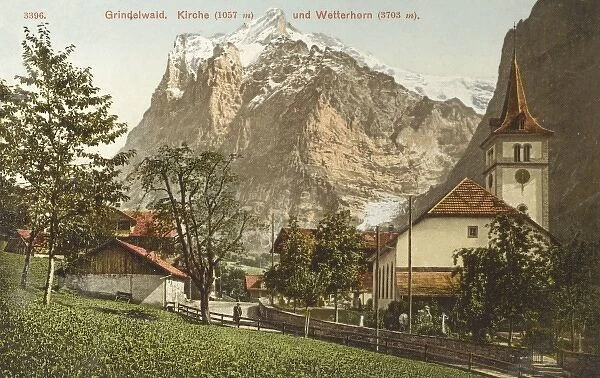 Grindelwald - Church and view of Wetterhorn