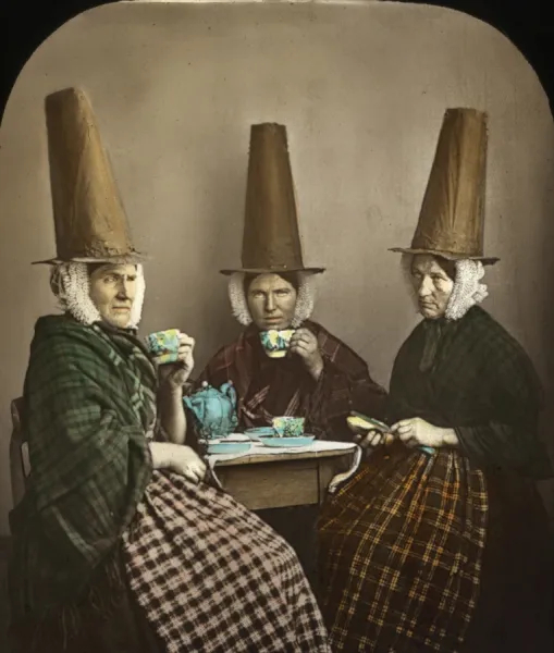 Group of three Welsh women in traditional costume Date