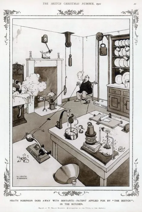 Framed Print : Heath Robinson's Servant-Free Kitchen Print Framed Print : Heath Robinson's Servant-Free Kitchen Print