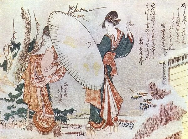 Hokusai woodcut - Girl walking in the snow