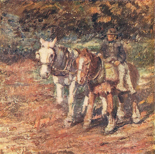 Homeward. An oil painting of a pair of homeward bound horses of brown