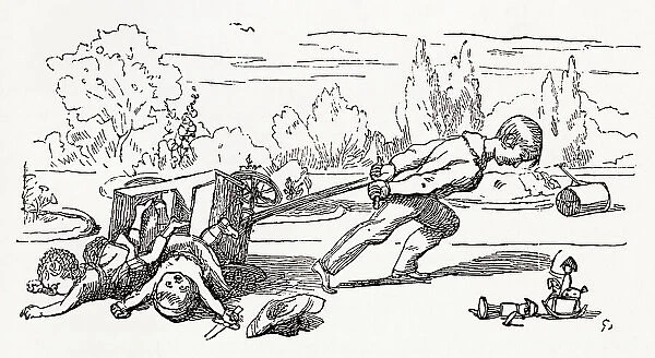 Illustration, The Newcomes, by Thackeray, showing a badly behaved boy upsetting his two little brothers from a go-cart. Date: first published 1850s