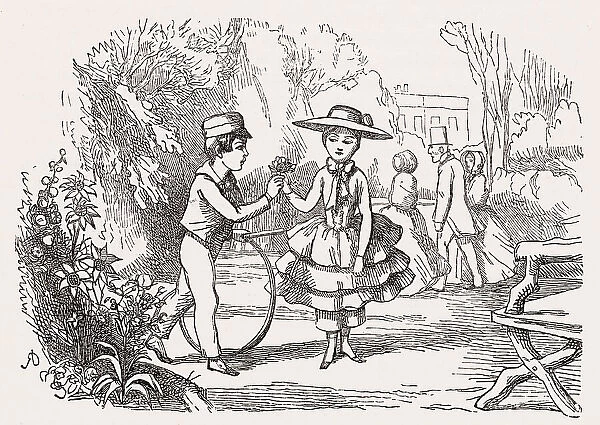 Illustration, The Newcomes, by Thackeray, showing a boy giving a posy of flowers to a girl in a garden. Date: first published 1850s