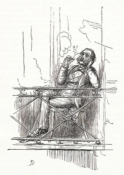 Illustration, The Newcomes, by Thackeray, showing a middle-aged man (Colonel Newcome) sitting on a balcony smoking. Date: first published 1850s