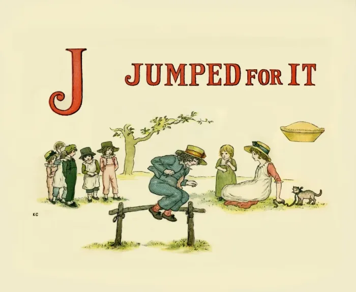 Framed Print : Kate Greenaway's Print of a Child Jumping for an Apple Pie Framed Print : Kate Greenaway's Print of a Child Jumping for an Apple Pie