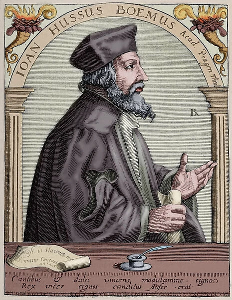 Jan Hus (1369-1415). Engraving. Colored