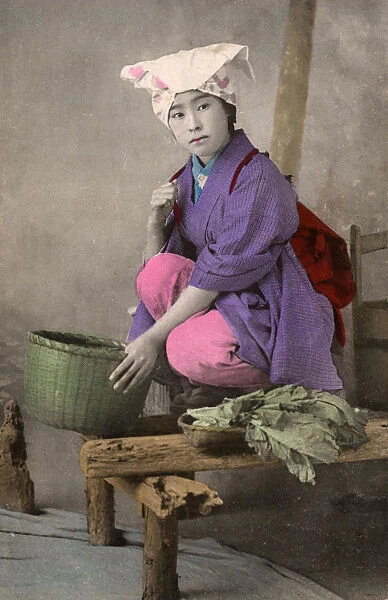 Japanese Serving girl preparing vegetables for her Mistress