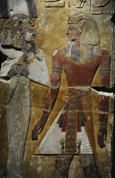 King Seti I in front of the God Osiris. Fragment of a pillar