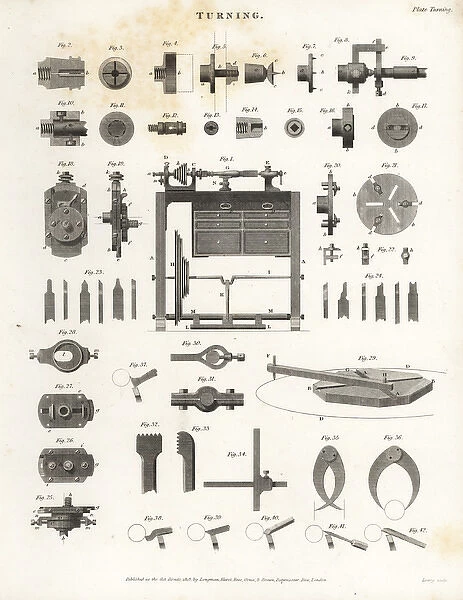 Lathe turning equipment, bits and machinery, 19th century