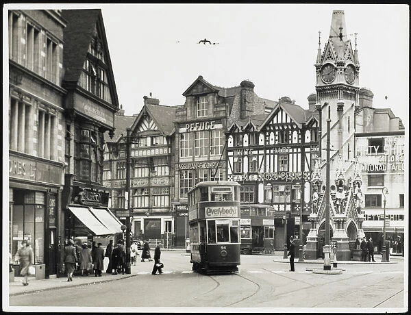 Leicester 1950S. A No. 94 tram goes through the Clock Tower area of Leicester city centre