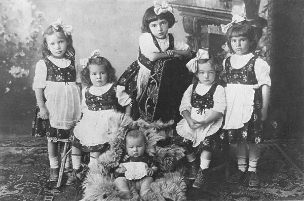 Five little girls in East European folk costume