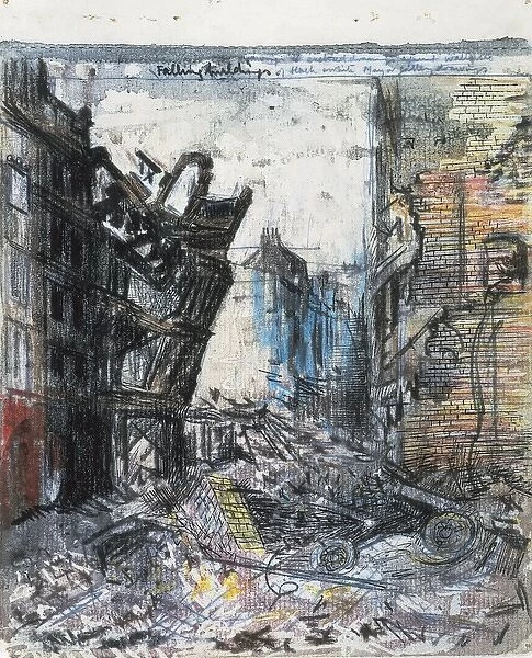 London. Bombed Streets in 1941. Drawing and watercolor