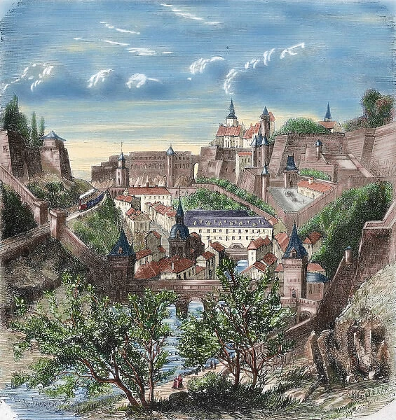 Luxembourg. 19th century. View of the city. Colored engravin