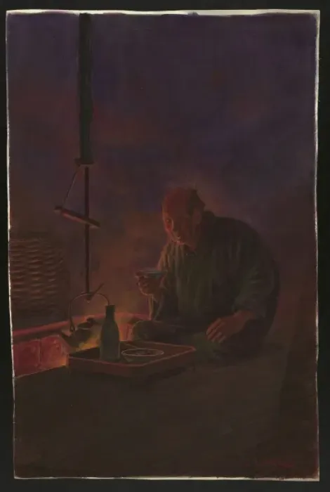 Framed Print : Print of an elderly man drinking sake beside a sunken hearth Framed Print : Print of an elderly man drinking sake beside a sunken hearth