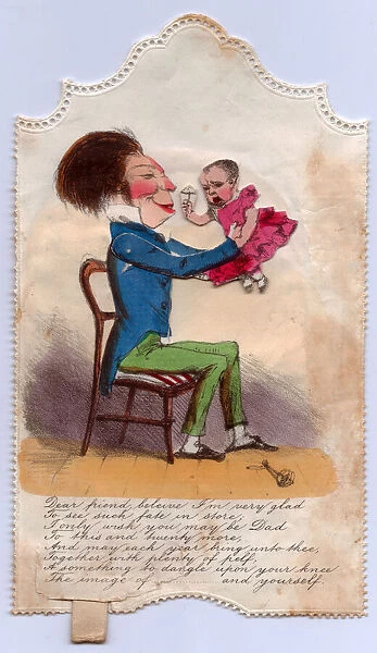 Man holding a baby on a comic congratulations card