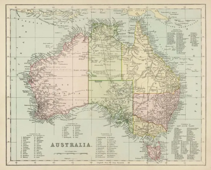Framed Print : 1876 Map of Australia Print with County Names Framed Print : 1876 Map of Australia Print with County Names