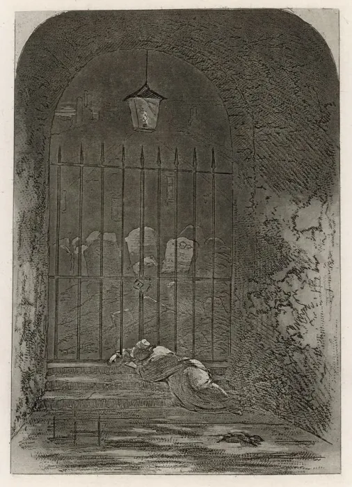 Framed Print : Print of Lady Dedlock's Discovery at the Cemetery Gates Framed Print : Print of Lady Dedlock's Discovery at the Cemetery Gates