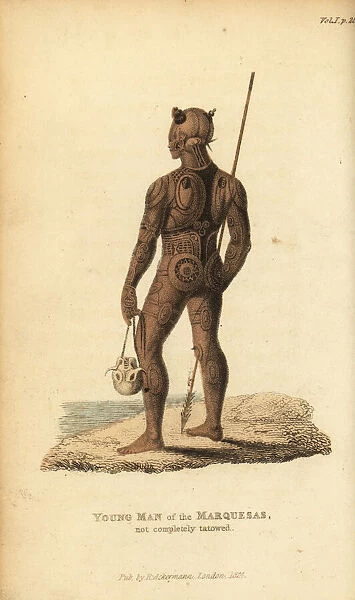 Native man of Nuku Hiva with spear and skull