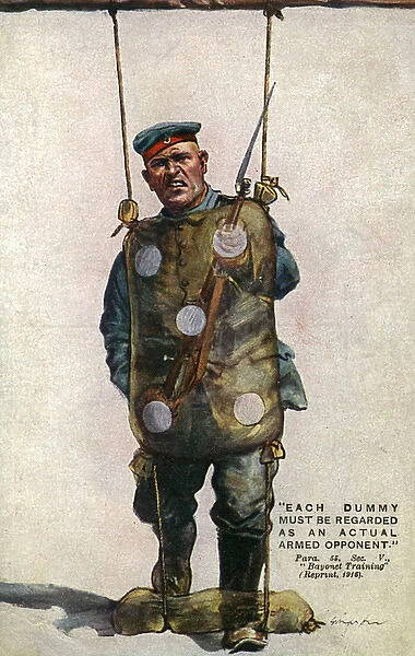 Patriotic British postcard, bayonet practice, WW1