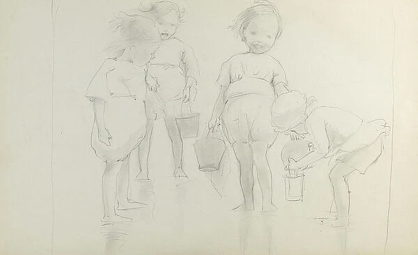 Pencil sketch of four children paddling