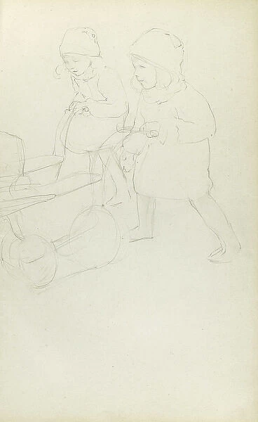 Pencil sketch of two girls with prams
