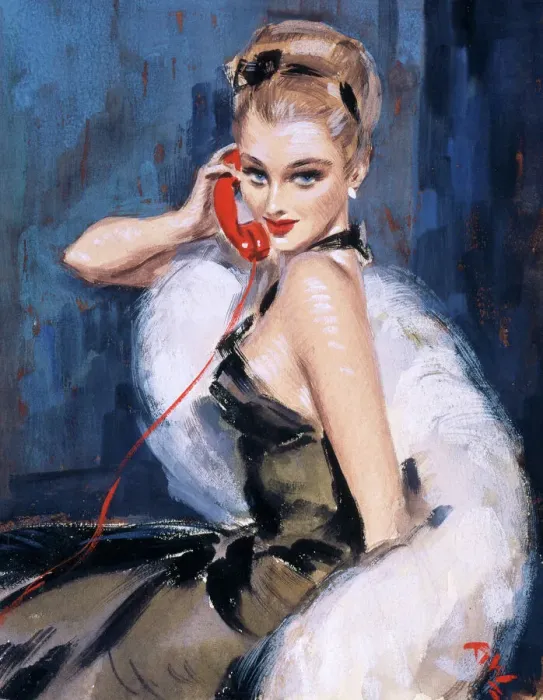 Framed Print : 1949 Print of a blonde woman in a black evening dress on the telephone Framed Print : 1949 Print of a blonde woman in a black evening dress on the telephone