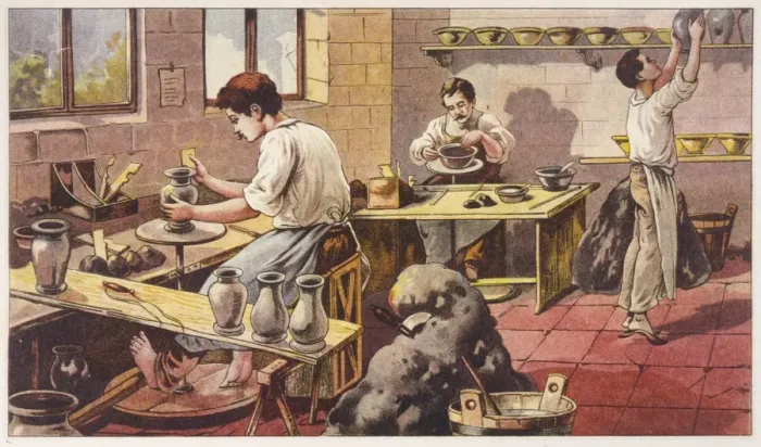 Framed Print : Print of Potters at Work, a Scene with Three Men Framed Print : Print of Potters at Work, a Scene with Three Men