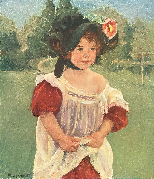 Printemps. A portrait painting of a young girl, clutching her white over dress