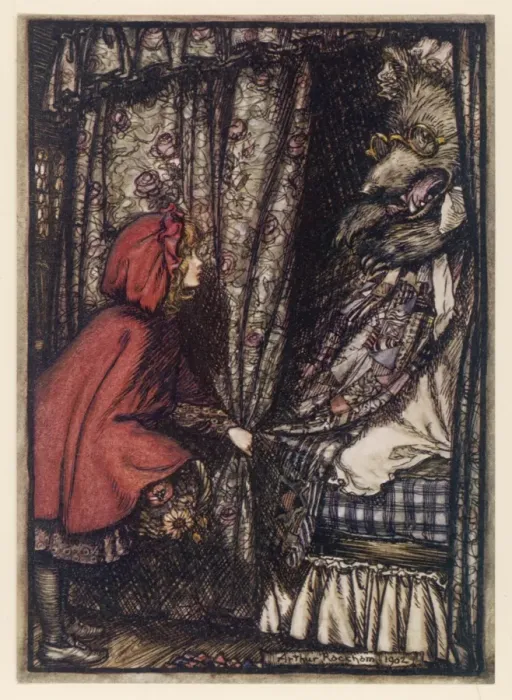 Framed Print : Rackham Print - Little Red Riding Hood Greets the Wolf