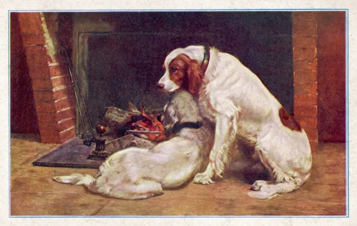 Framed Print : Red and White Irish Setters by the Fireplace Print Framed Print : Red and White Irish Setters by the Fireplace Print