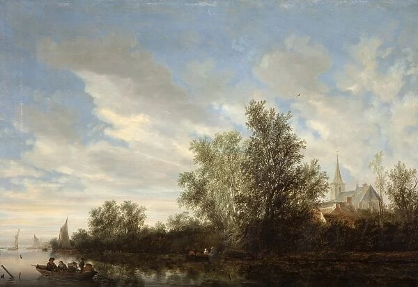 River Landscape with Figures in Boats and Church in the Dist