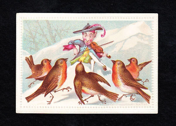Five robins with musician on a Christmas and New Year card