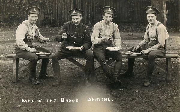 Royal Artillery soldiers eating dinner, WW1