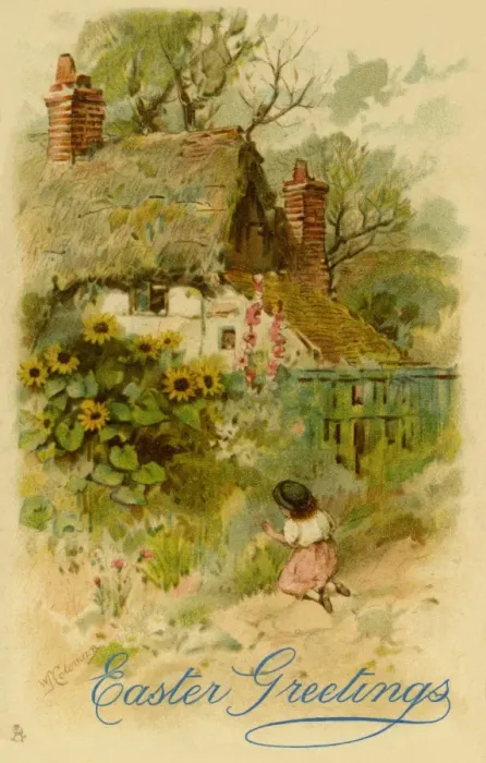 Framed Print : Rustic Cottage Easter Postcard Print circa 1900 Framed Print : Rustic Cottage Easter Postcard Print circa 1900